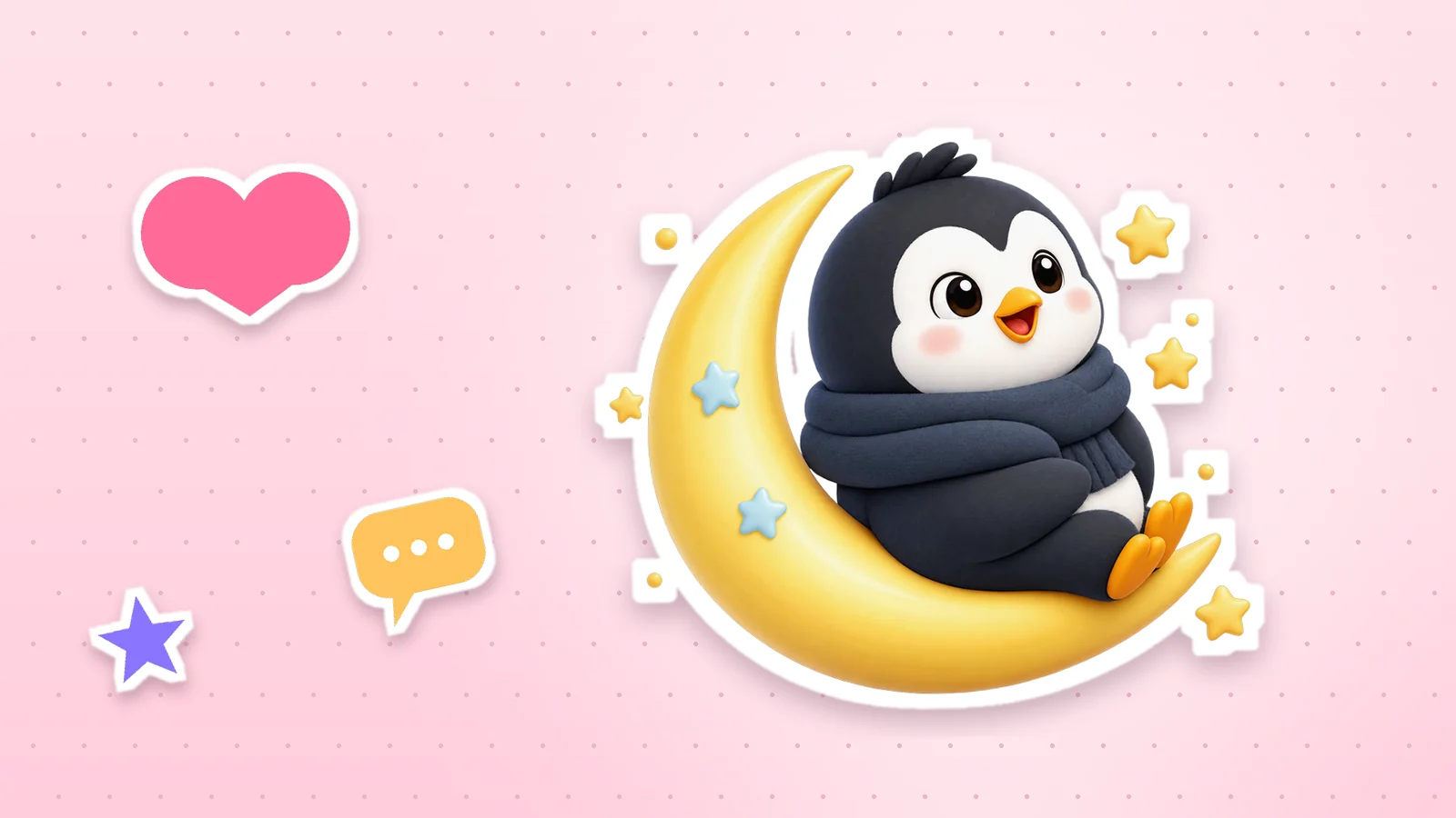 A Lolo Cards penguin as a sticker with a white outline, next to a heart, a star and a speech bubble on a soft pink background