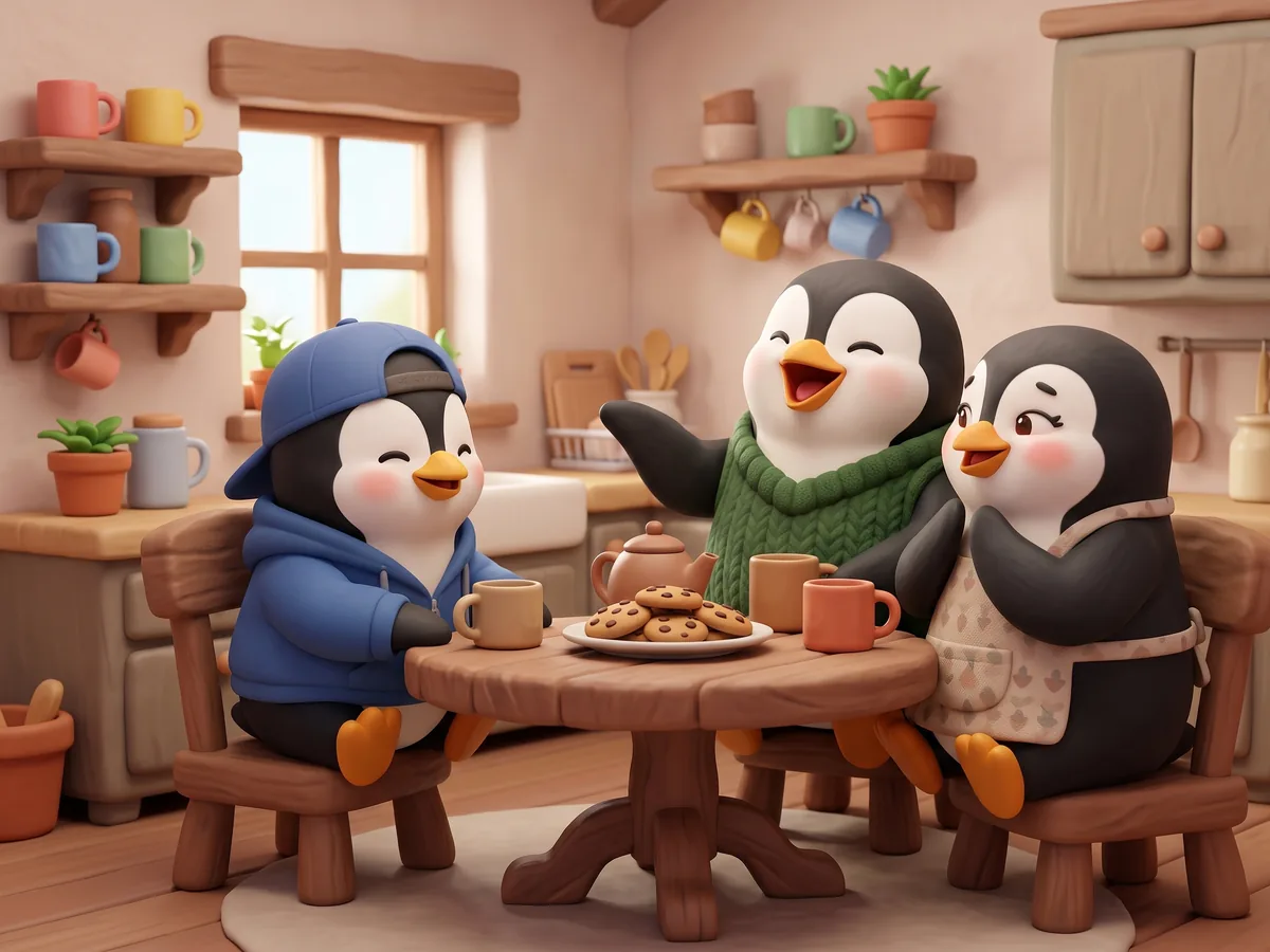 Illustration: a penguin and two adult penguins around a kitchen table with a plate of cookies, one adult penguin laughing and gesturing mid-story