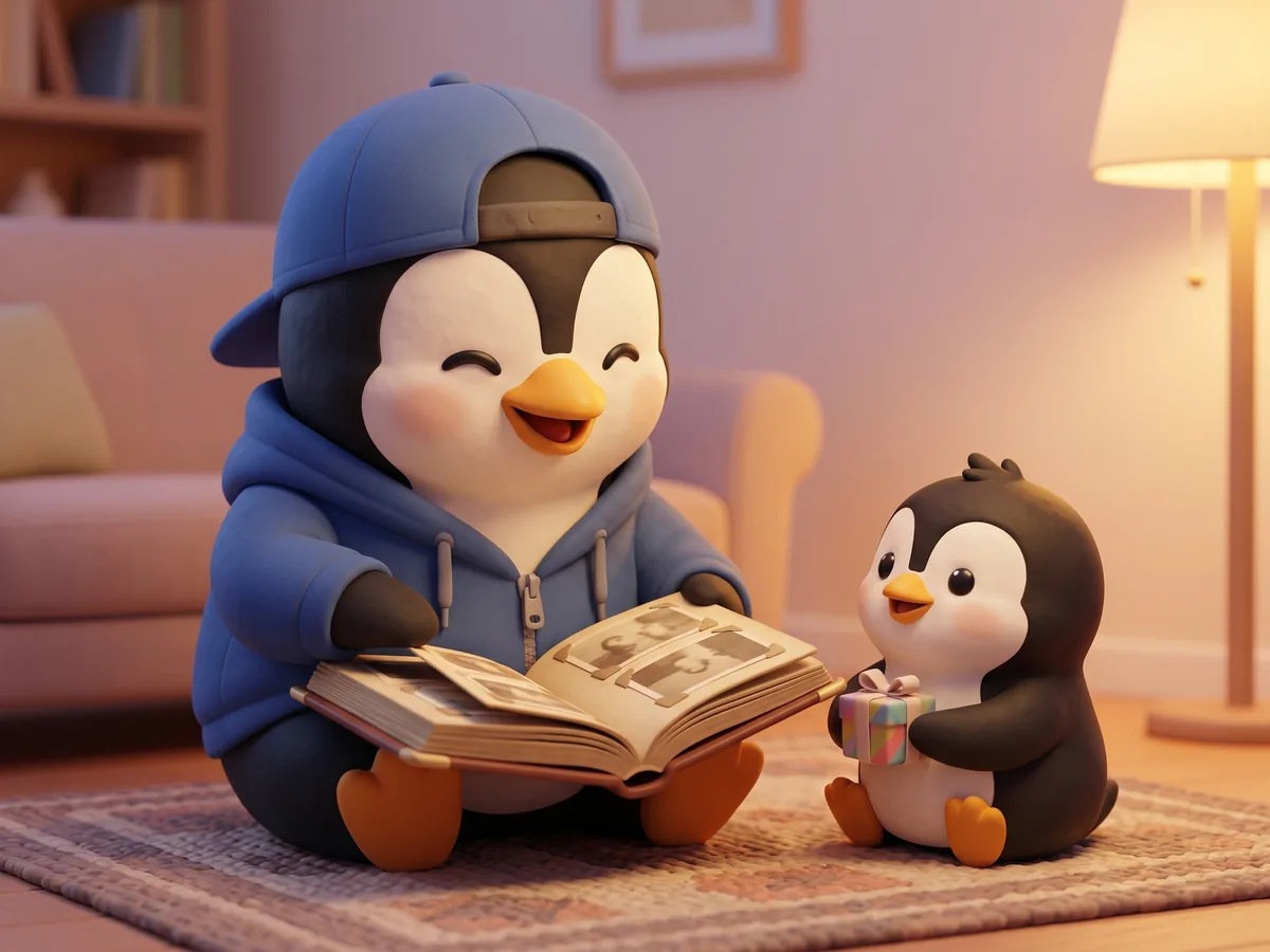 Illustration: a penguin holding a small wrapped gift next to an adult penguin who is smiling at an old photo album, soft evening lamp light