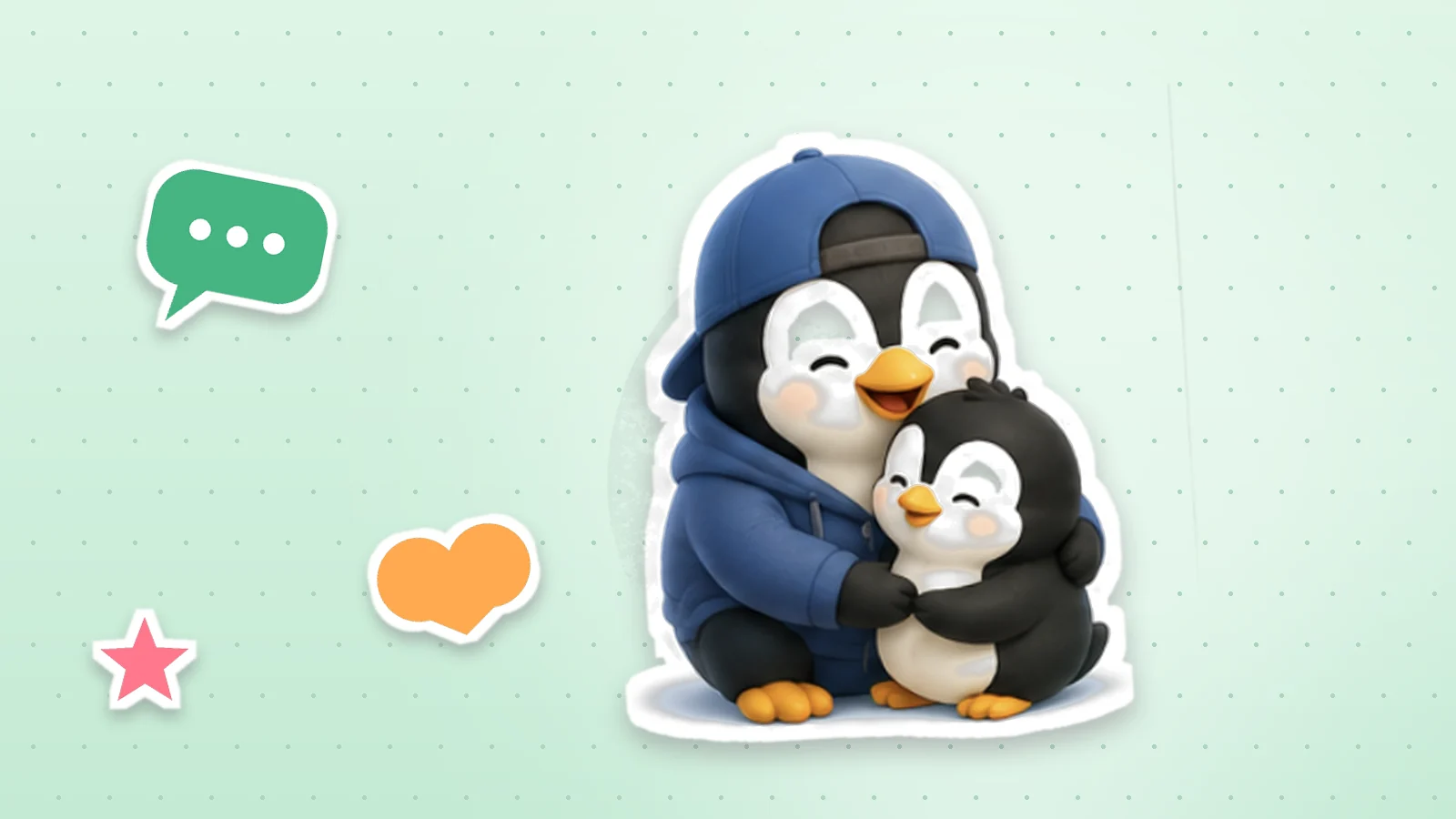 A Lolo Cards penguin as a sticker with a white outline, next to a heart, a star and a speech bubble on a soft mint background