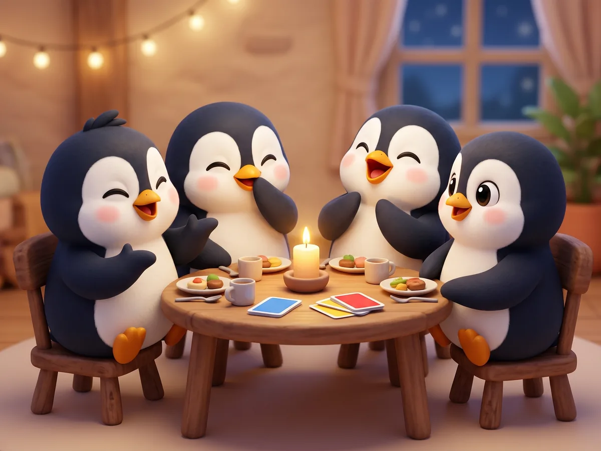 Illustration: a penguin couple and a second penguin couple laughing over a candlelit dinner table with a few small question cards between the plates