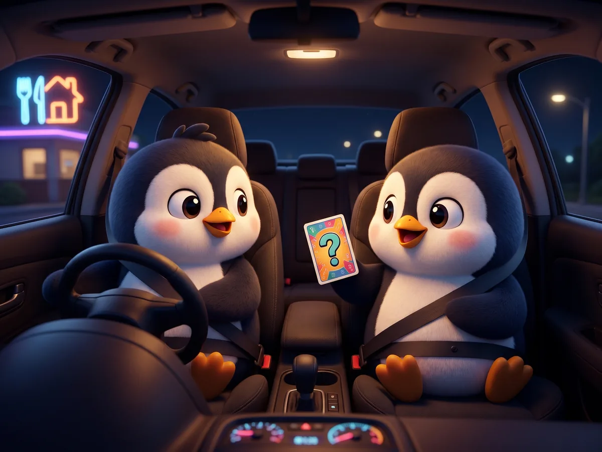 Illustration: two penguins in a parked car at night with the dashboard glowing, one holding a question card, a restaurant sign in the distance