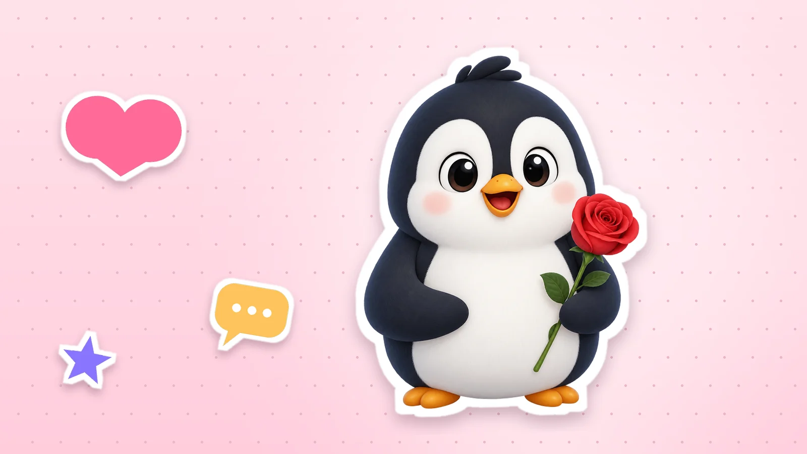 A Lolo Cards penguin as a sticker with a white outline, next to a heart, a star and a speech bubble on a soft pink background