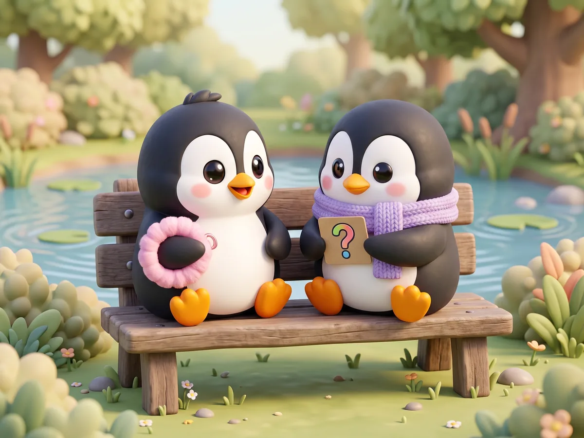 Illustration: a penguin and a penguin with a lavender scarf sitting on a bench by a pond, one holding a question card, both relaxed