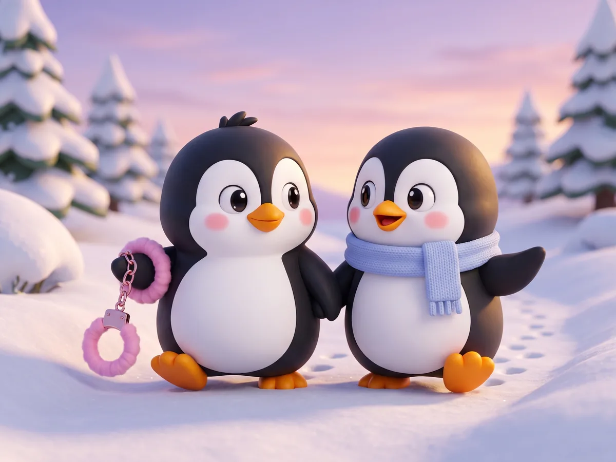 Illustration: two penguins walking side by side along a quiet snowy path at dusk, one gently saying something