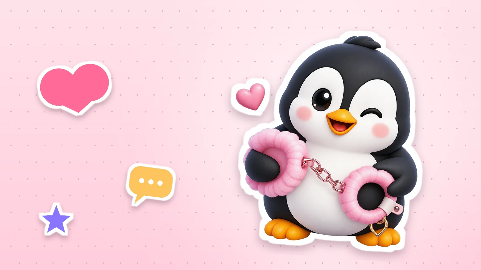A Lolo Cards penguin as a sticker with a white outline, next to a heart, a star and a speech bubble on a soft pink background