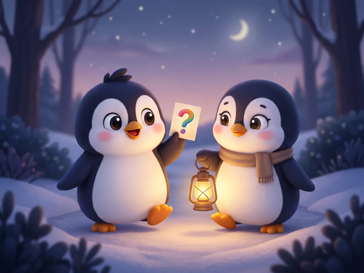 Illustration: two penguins on a quiet evening walk with a lantern, one holding a question card