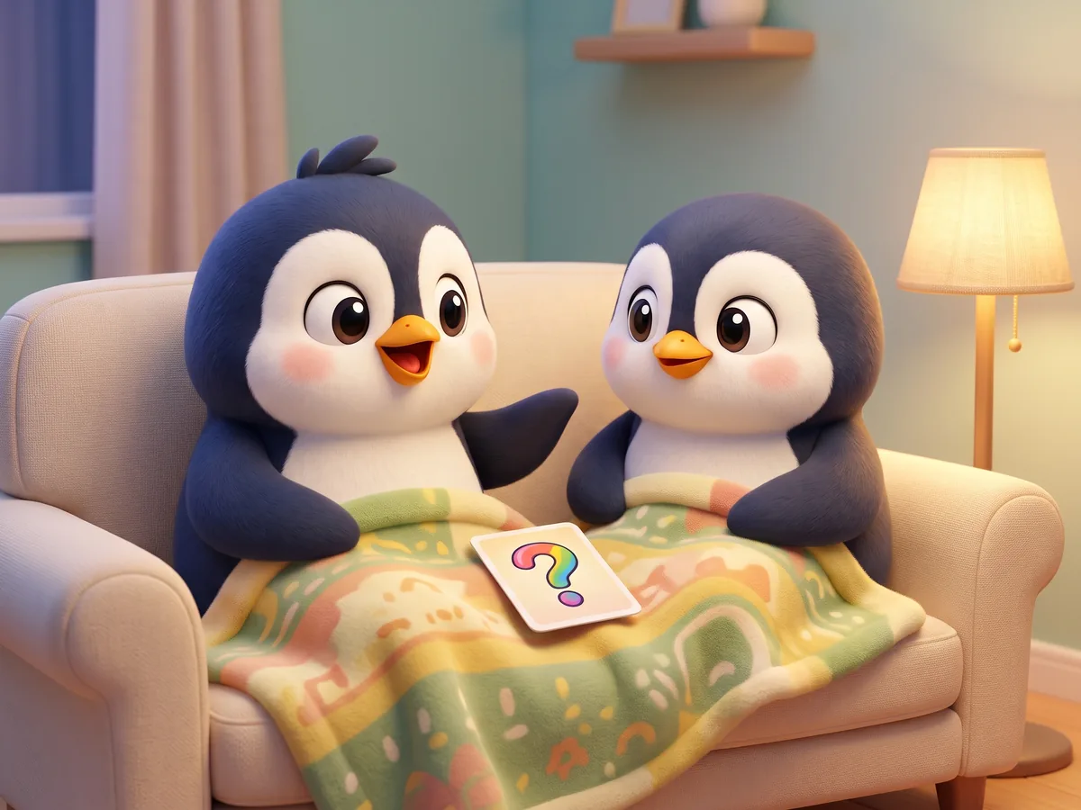 Illustration: two penguins sharing a blanket on a sofa with a lamp glowing and one question card between them