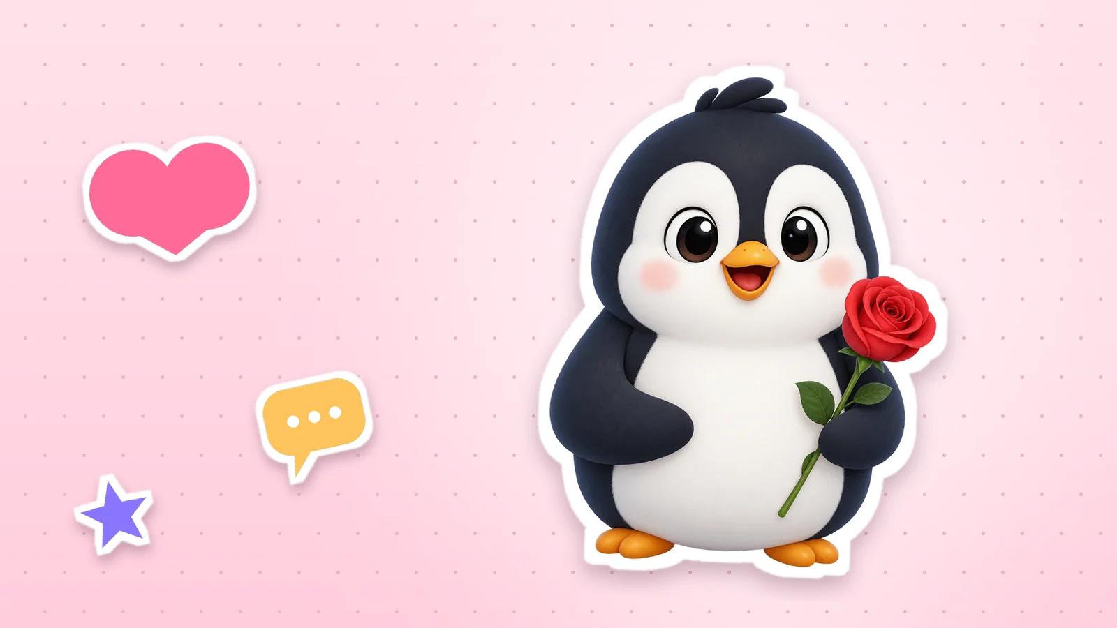 A Lolo Cards penguin as a sticker with a white outline, next to a heart, a star and a speech bubble on a soft pink background