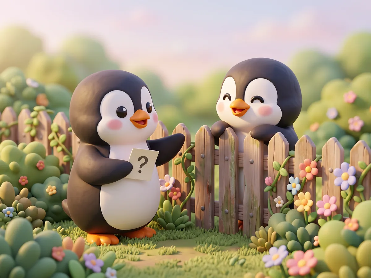 Illustration: a penguin chatting over a garden fence with a neighbor penguin, holding a small question card, morning light