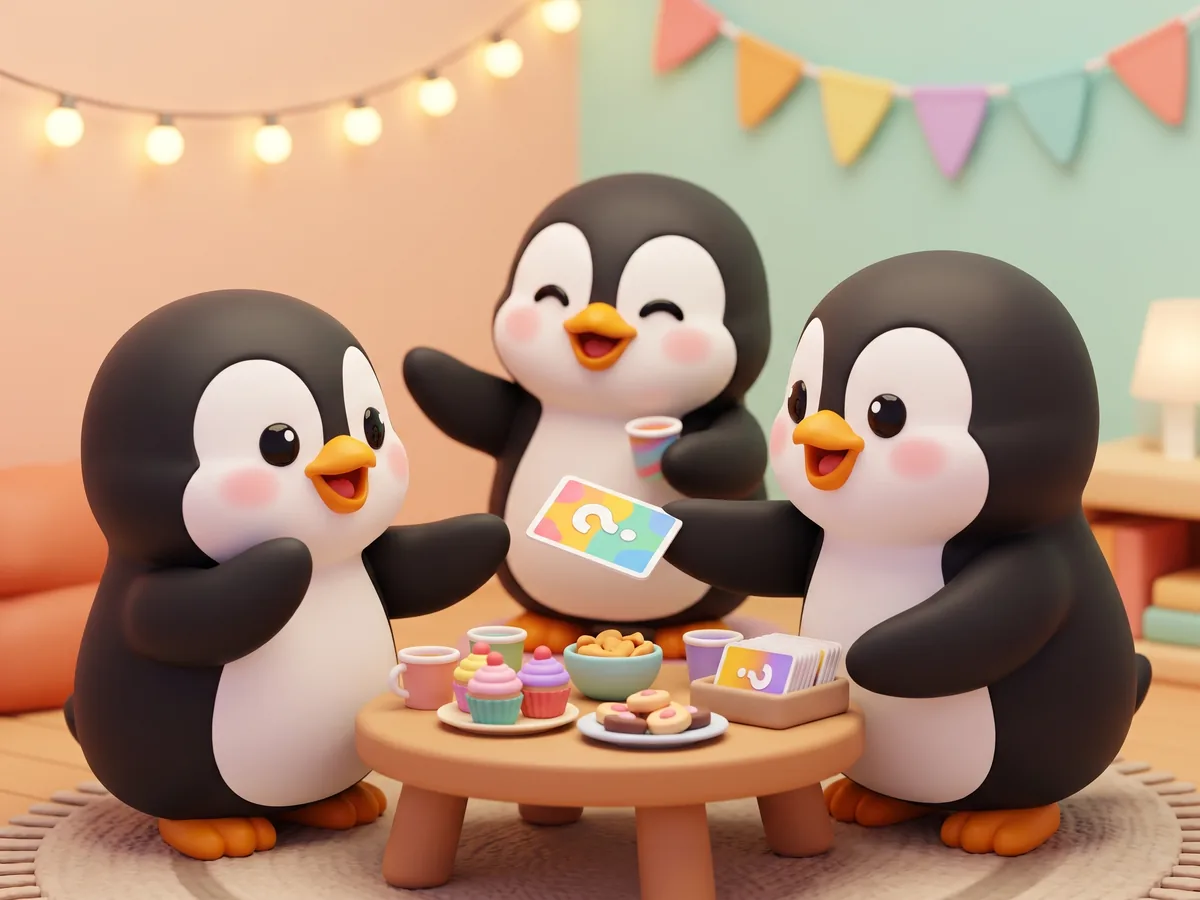 Illustration: three penguins at a party chatting around a snack table, one passing a question card to a newcomer