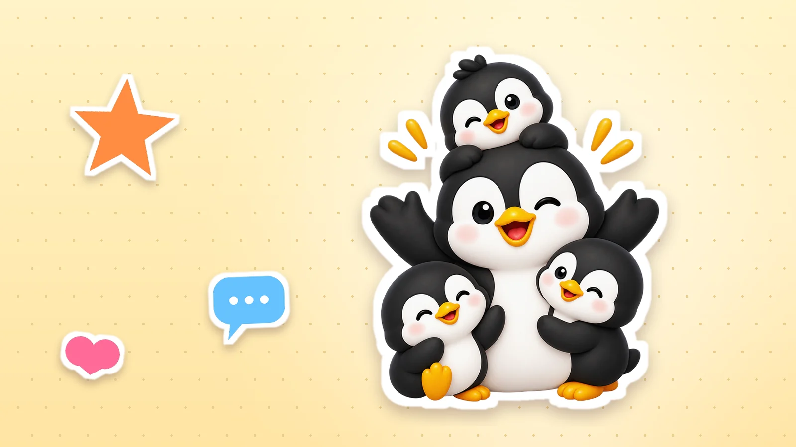 A Lolo Cards penguin as a sticker with a white outline, next to a heart, a star and a speech bubble on a soft yellow background