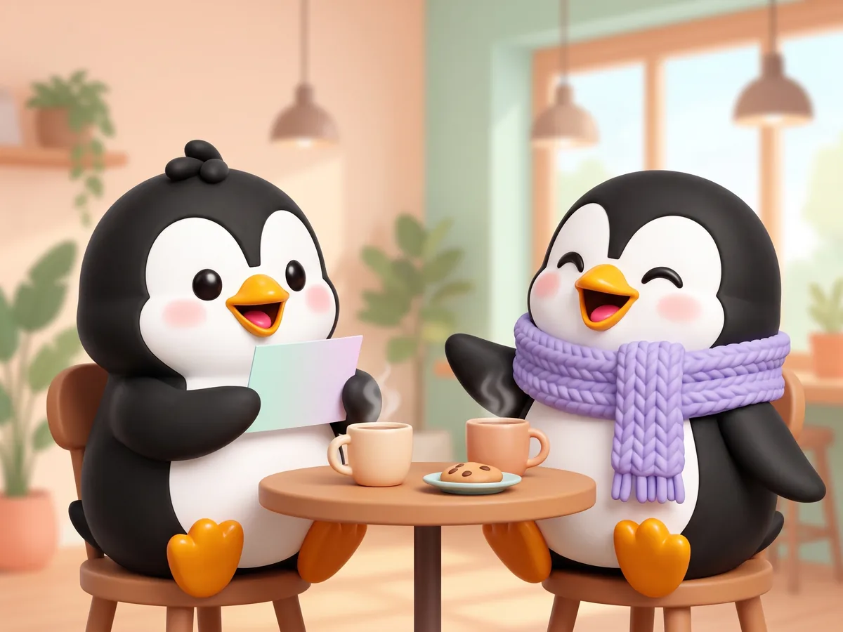 Illustration: a penguin and a penguin with a lavender scarf at a cafe table, one holding a question card while the other laughs and answers