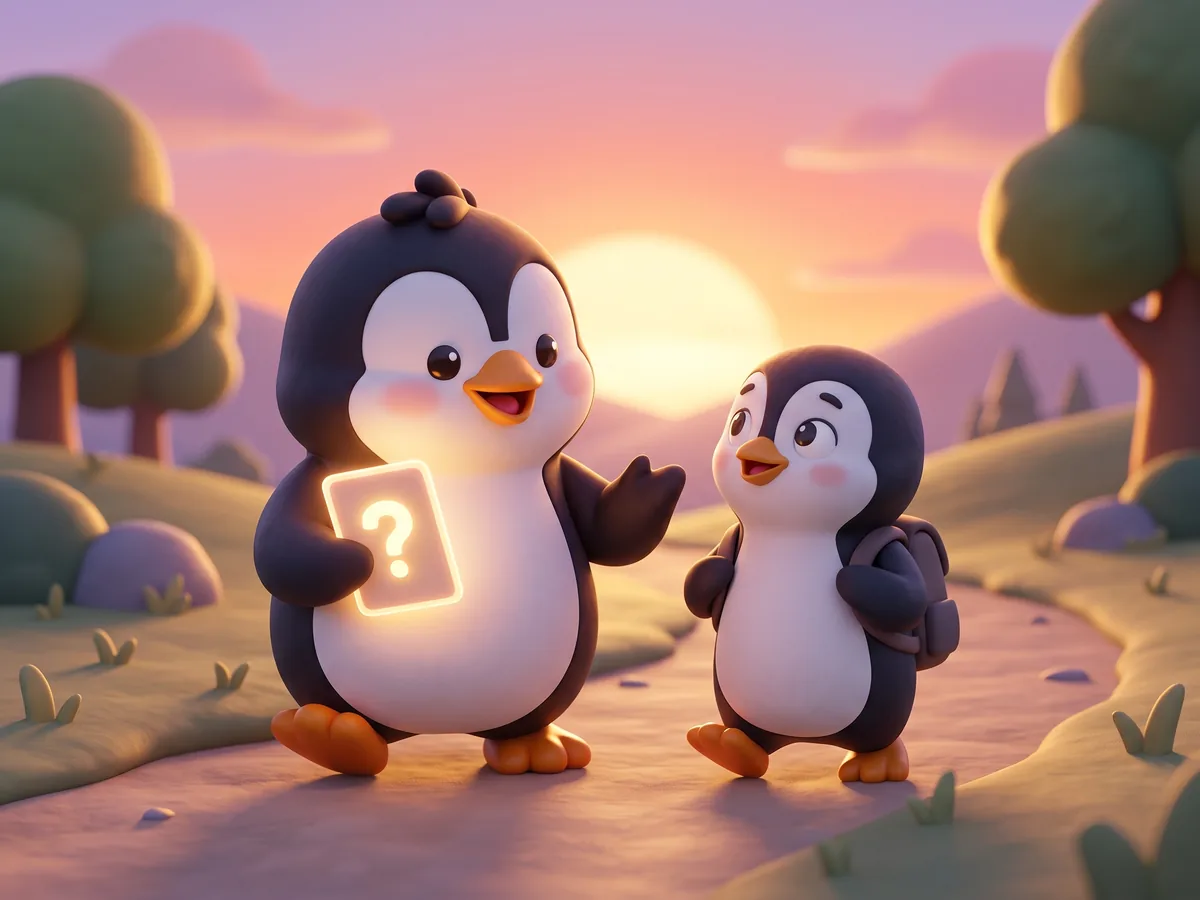 Illustration: a penguin and a teen penguin walking side by side at sunset, a question card glowing in one flipper