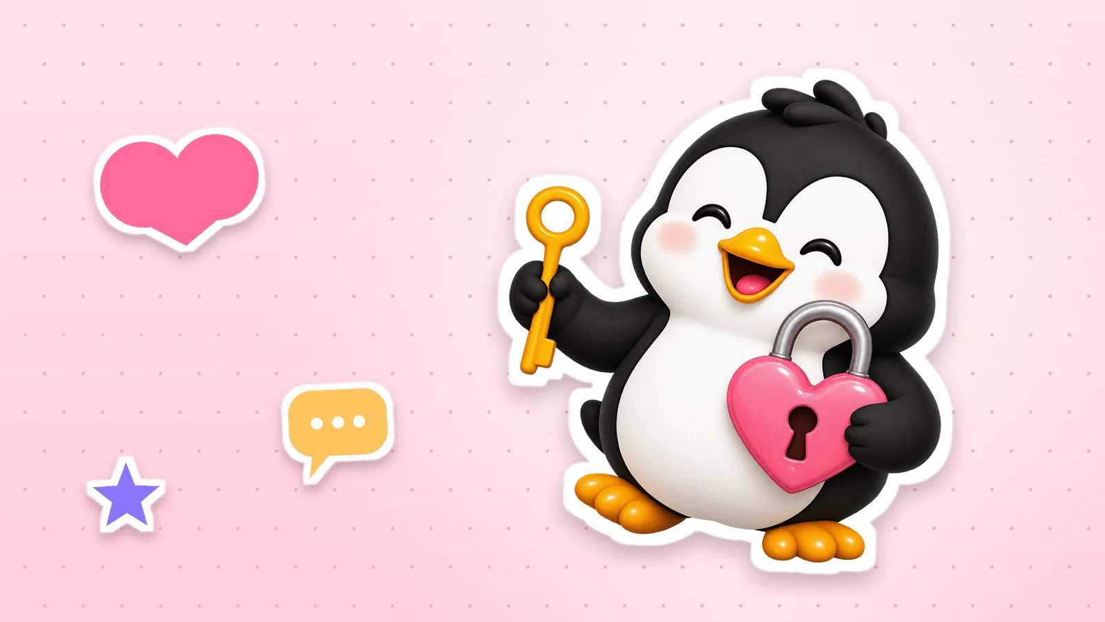 A Lolo Cards penguin as a sticker with a white outline, next to a heart, a star and a speech bubble on a soft pink background