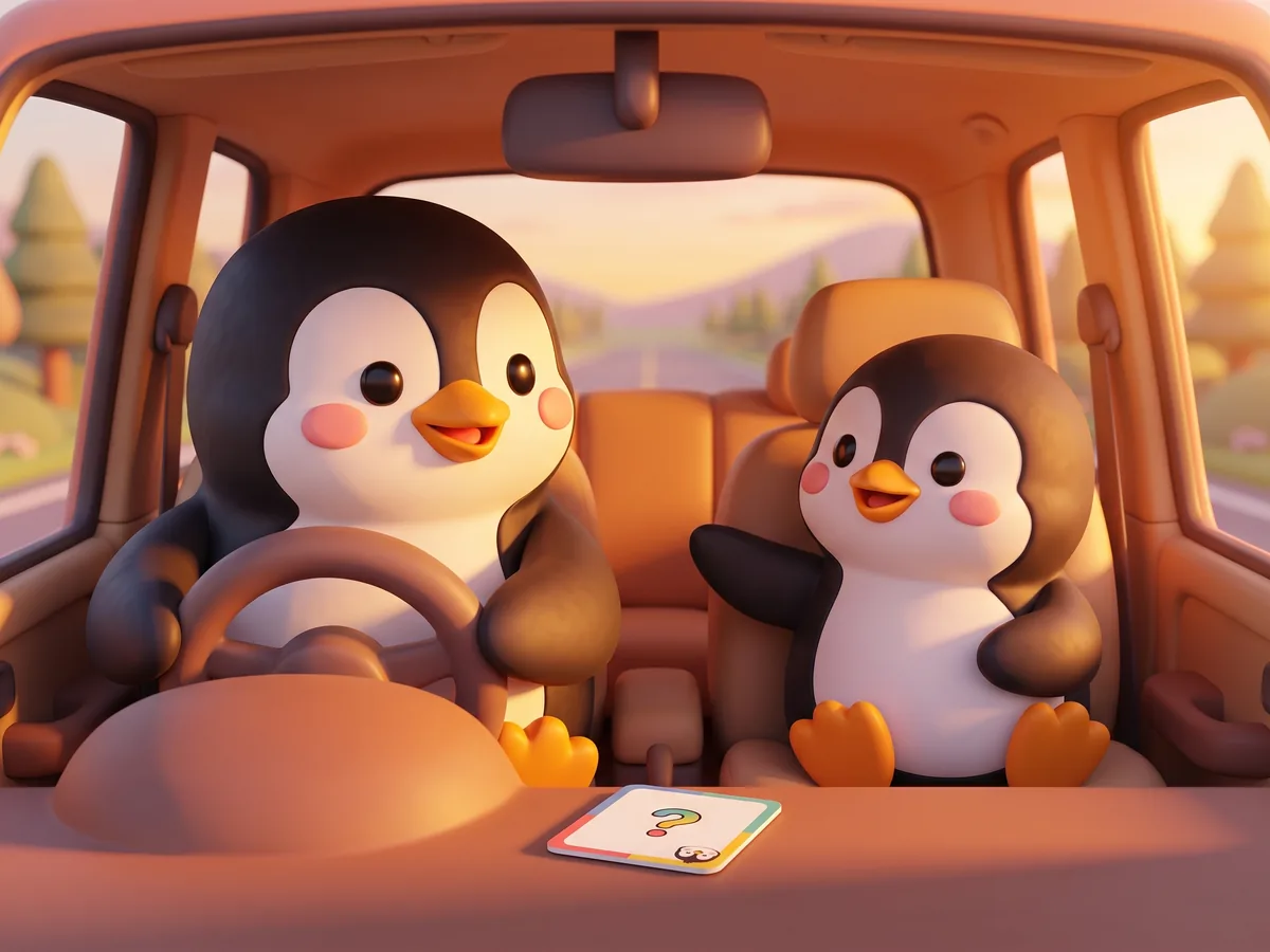 Illustration: a penguin parent and a teen penguin in the front seats of a car at golden hour, a single question card on the dashboard