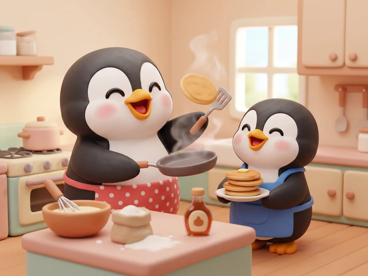 Illustration: a penguin parent and a teen penguin cooking pancakes together in a cozy kitchen, laughing