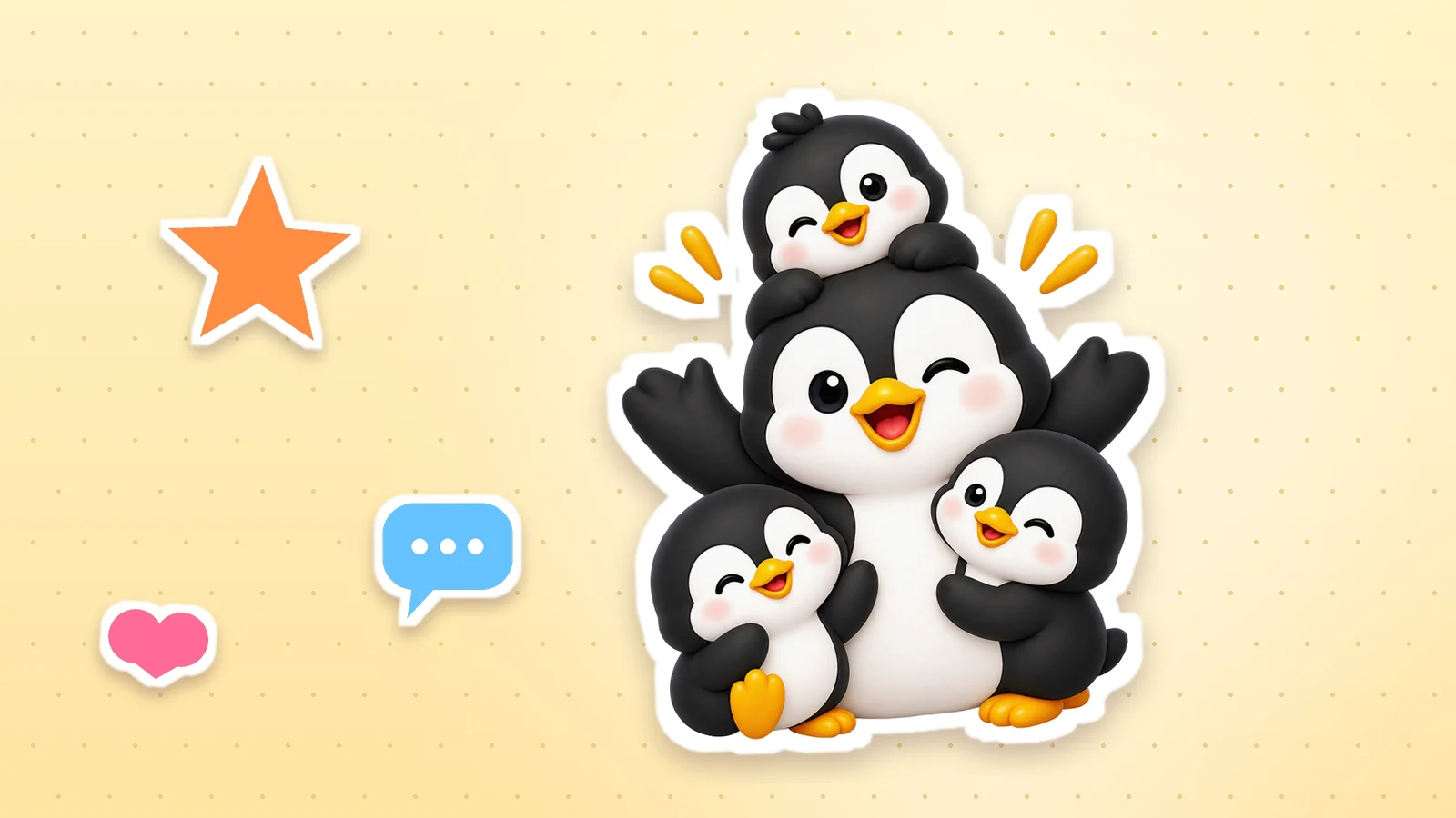 A Lolo Cards penguin as a sticker with a white outline, next to a heart, a star and a speech bubble on a soft yellow background