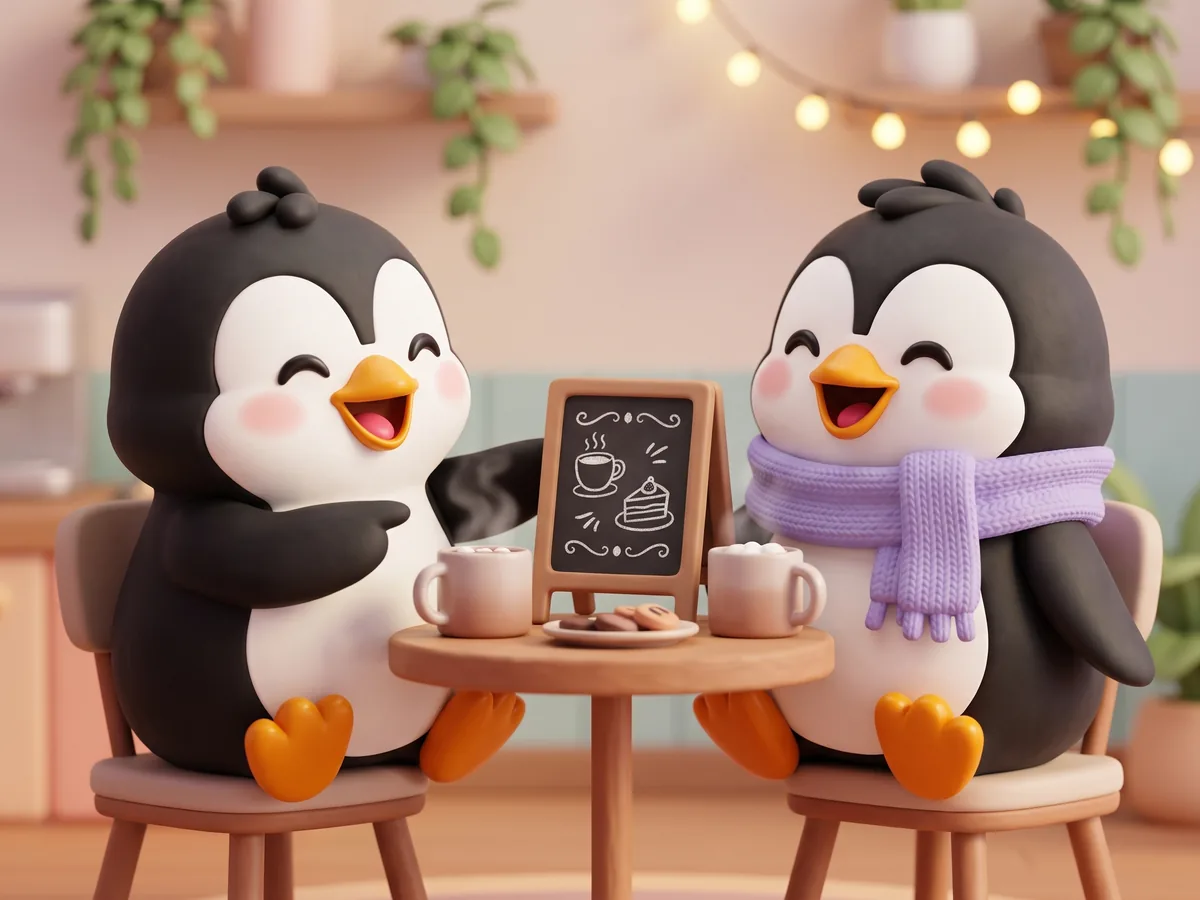 Illustration: a penguin and a penguin with a lavender scarf sharing a hot drink at a small cafe table, one pointing at a little chalkboard menu and laughing