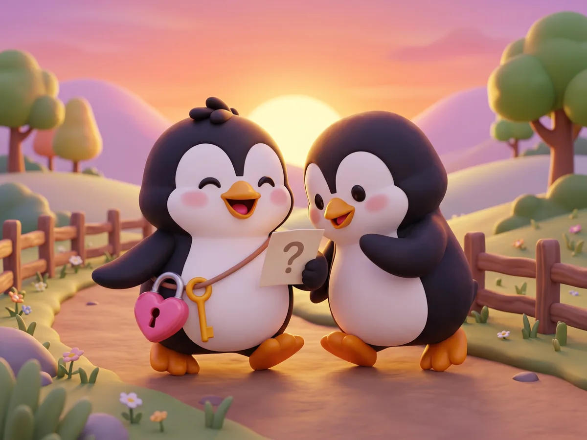 Illustration: two penguins walking side by side along a quiet path at sunset, one holding a question card and the other leaning in to read it