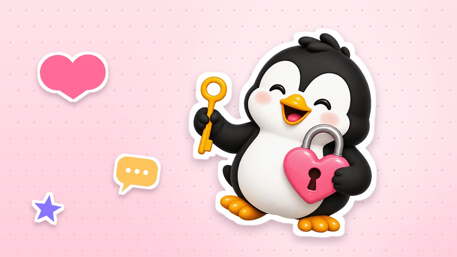 A Lolo Cards penguin as a sticker with a white outline, next to a heart, a star and a speech bubble on a soft pink background