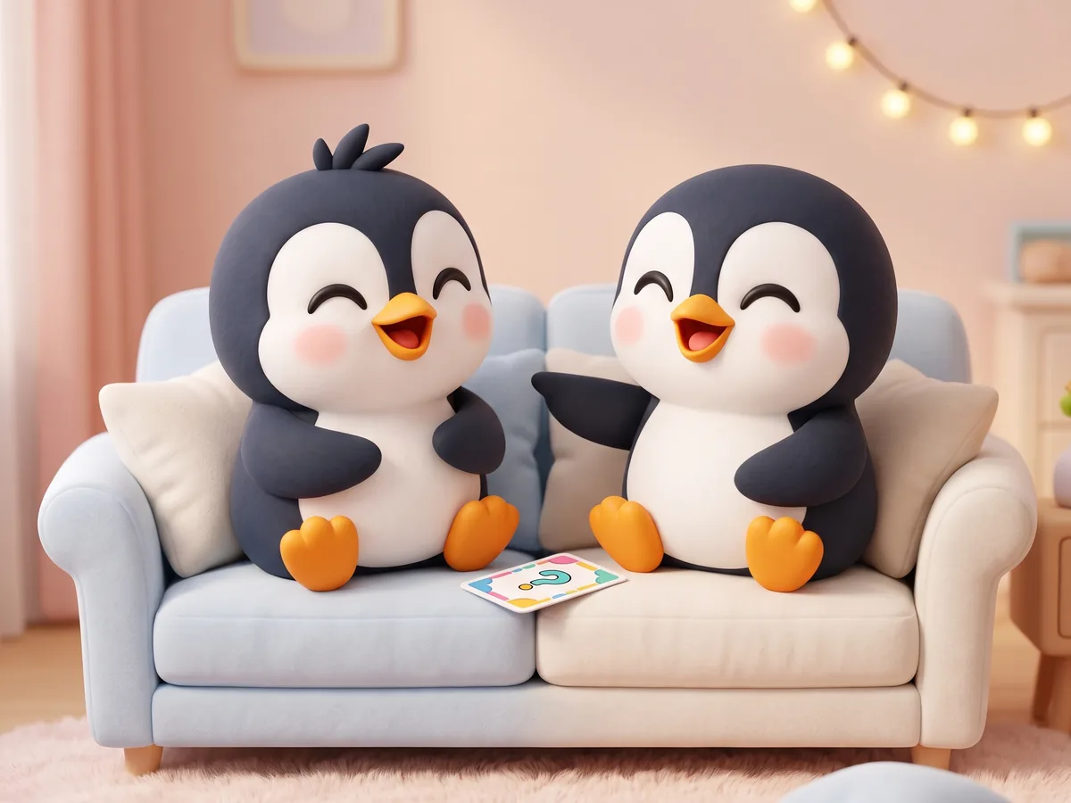Illustration: a penguin and a partner penguin sitting on a sofa with a question card between them, both laughing