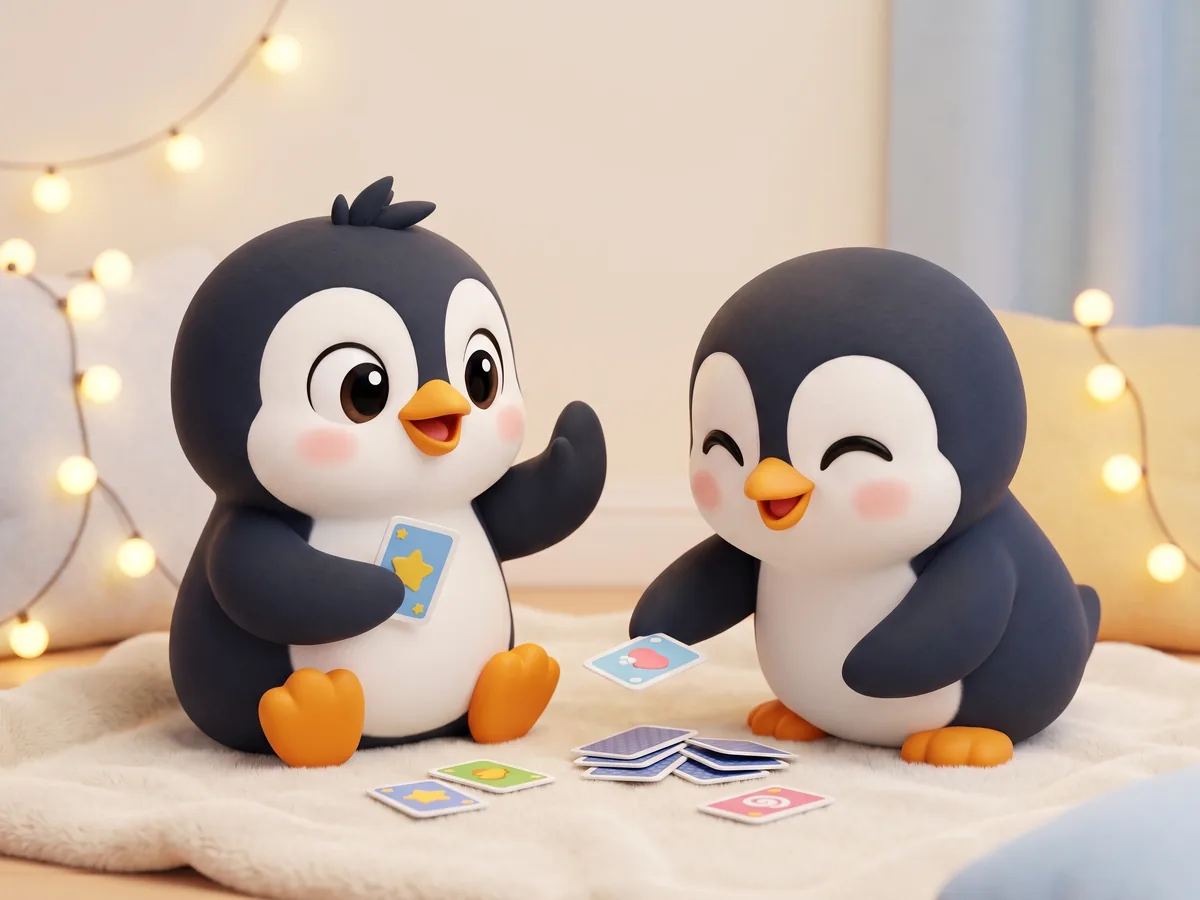 Illustration: a penguin holding up a card with a paw raised in a friendly stop gesture while a partner penguin smiles and picks another card