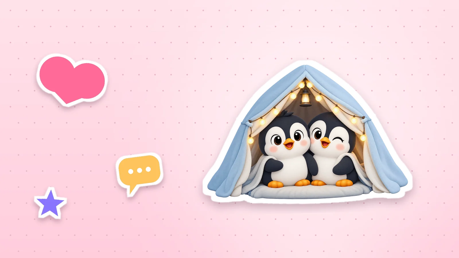 A Lolo Cards penguin as a sticker with a white outline, next to a heart, a star and a speech bubble on a soft pink background