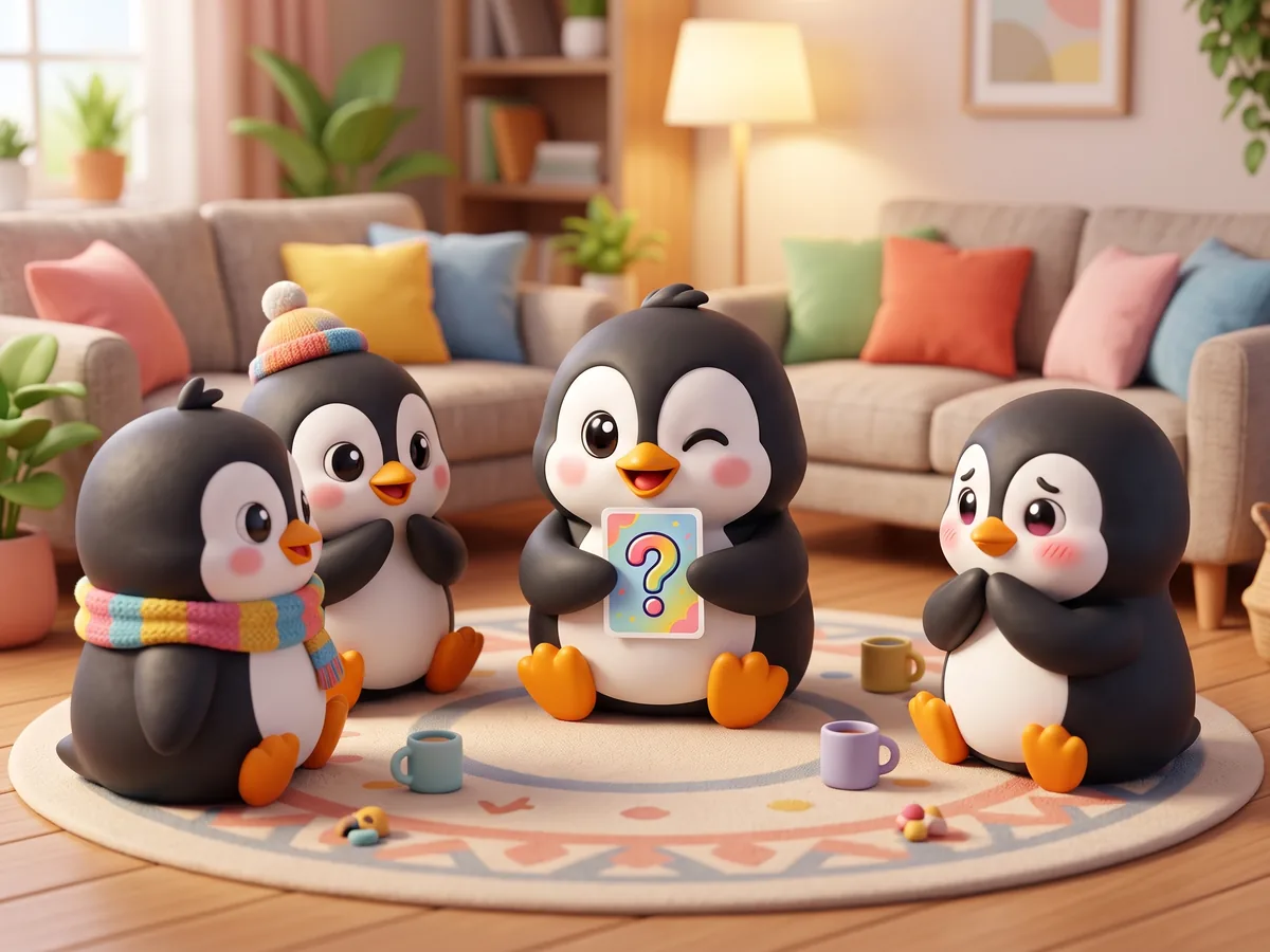 Illustration: a penguin holding a question card in a circle of penguin friends sitting on a living room rug, one penguin shyly looking at it