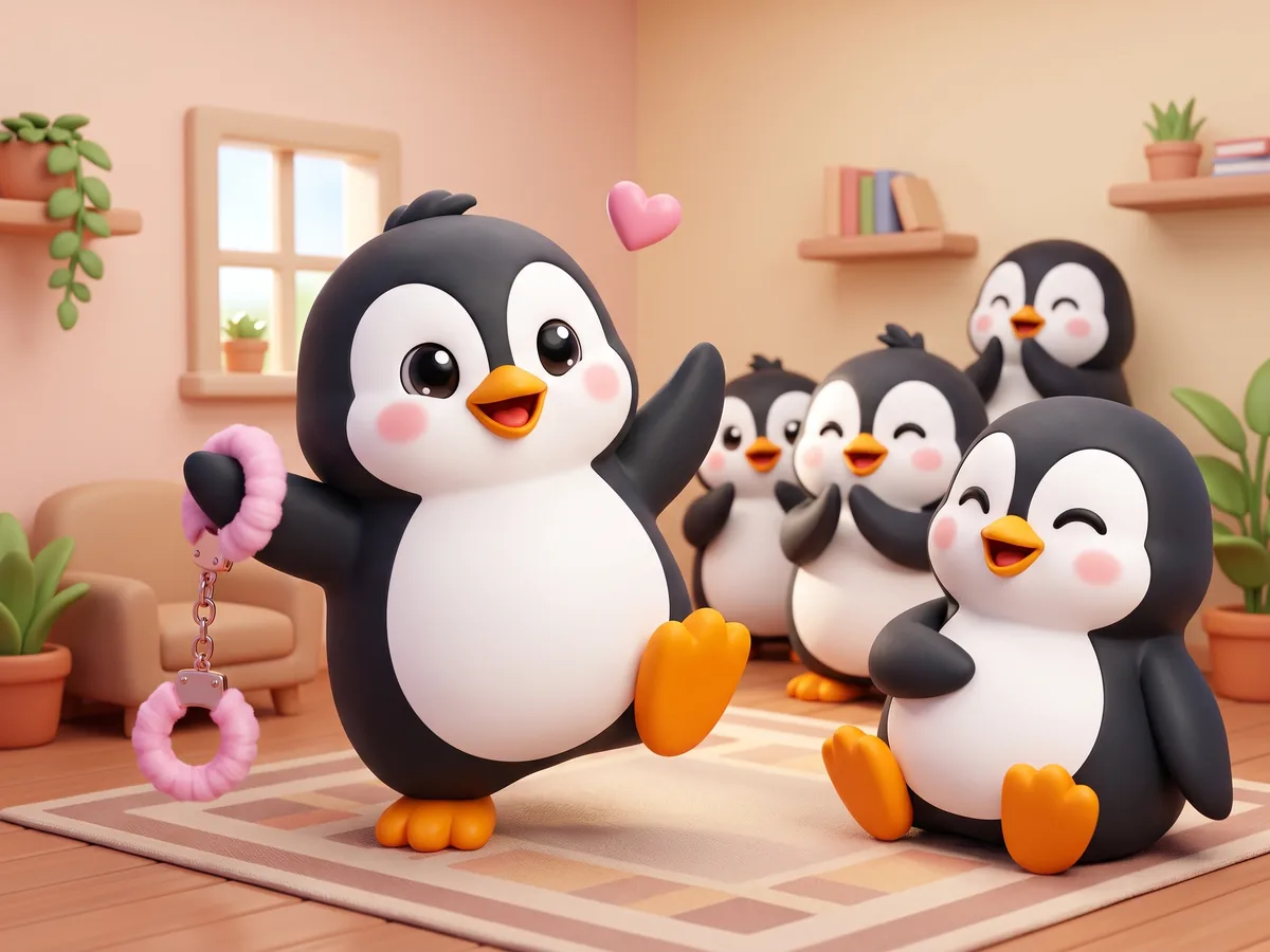 Illustration: two penguins laughing while one does a silly walk across the room, other penguins cheering around them