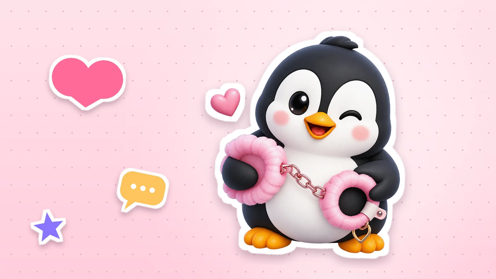A Lolo Cards penguin as a sticker with a white outline, next to a heart, a star and a speech bubble on a soft pink background