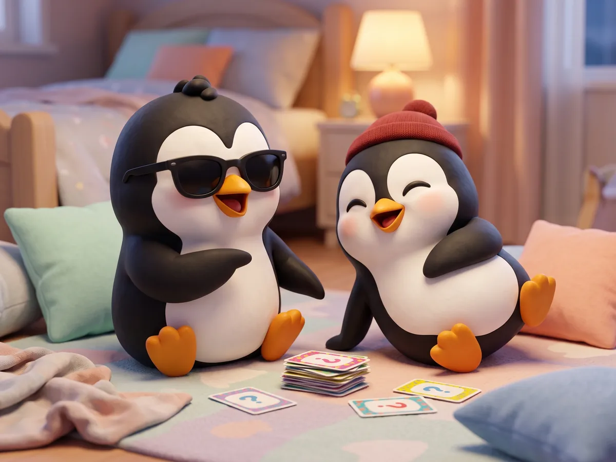 Illustration: a penguin and a friend penguin on a bedroom floor with pillows, laughing over a stack of question cards
