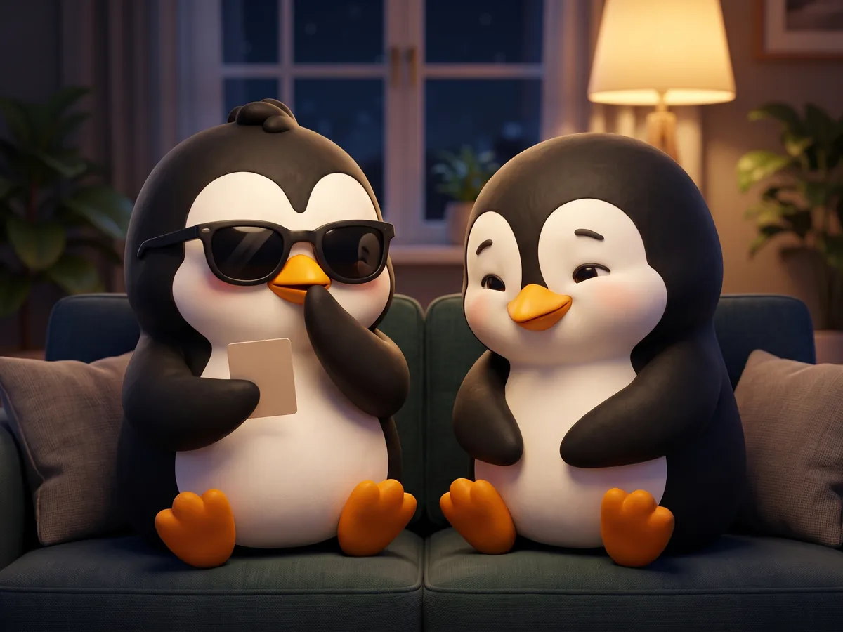 Illustration: two penguins on a sofa late at night, one holding up a card with a paw over its mouth as if to say pass, the other nodding kindly