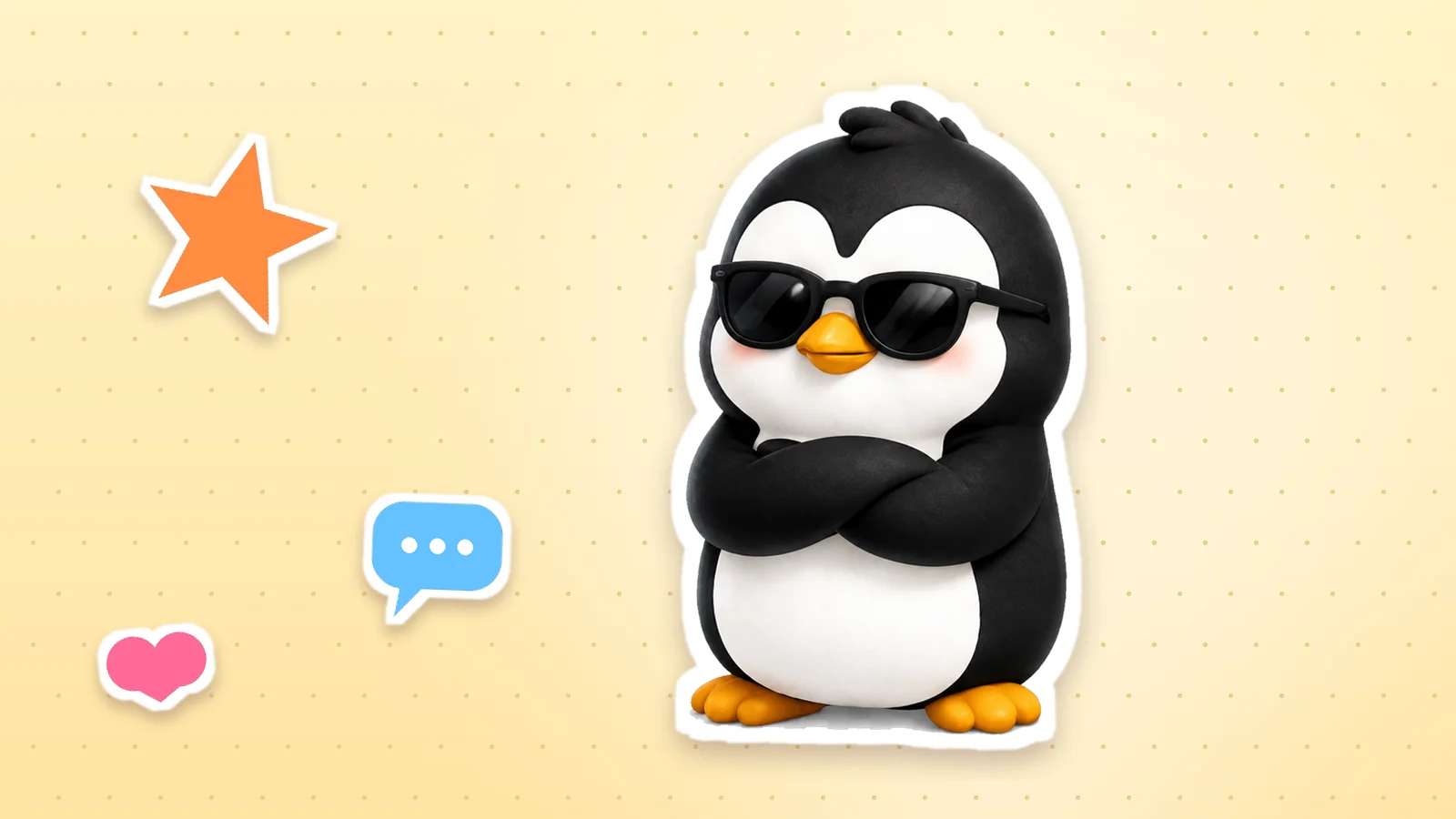A Lolo Cards penguin as a sticker with a white outline, next to a heart, a star and a speech bubble on a soft yellow background