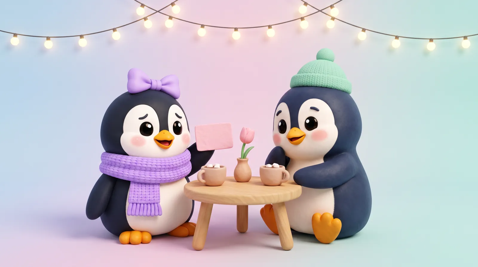 Mimi the penguin in a lavender bow and scarf holds up a question card to a penguin in a mint beanie over two cups of hot cocoa