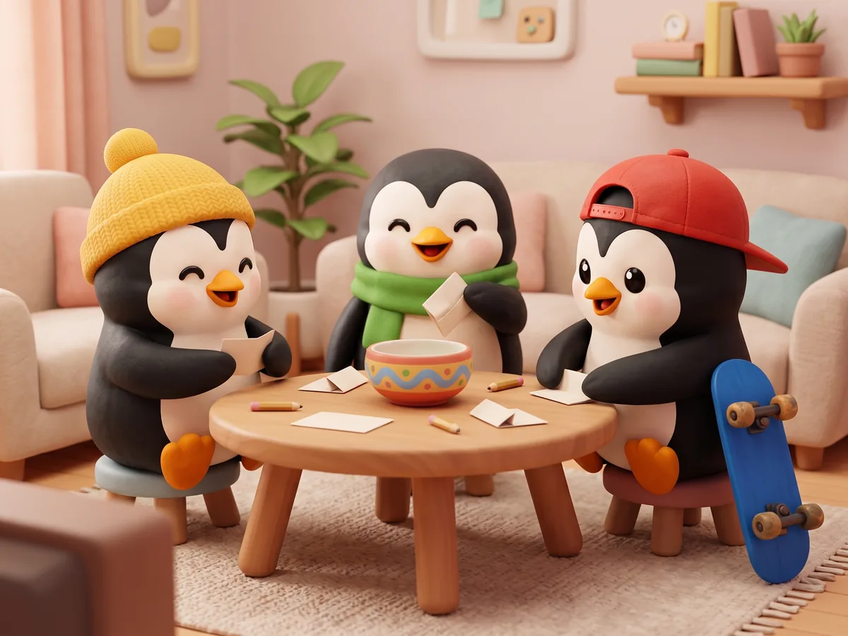 Illustration: a penguin and two friend penguins around a living room table, each folding a paper slip to drop into a bowl