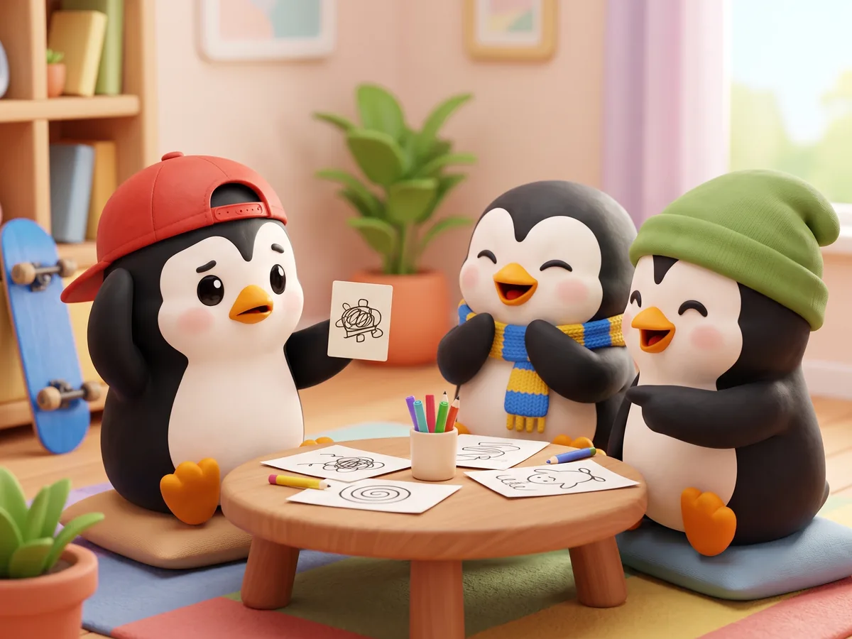 Illustration: a penguin holding up a card with a puzzled face while two penguin friends laugh and point at their wrong guesses