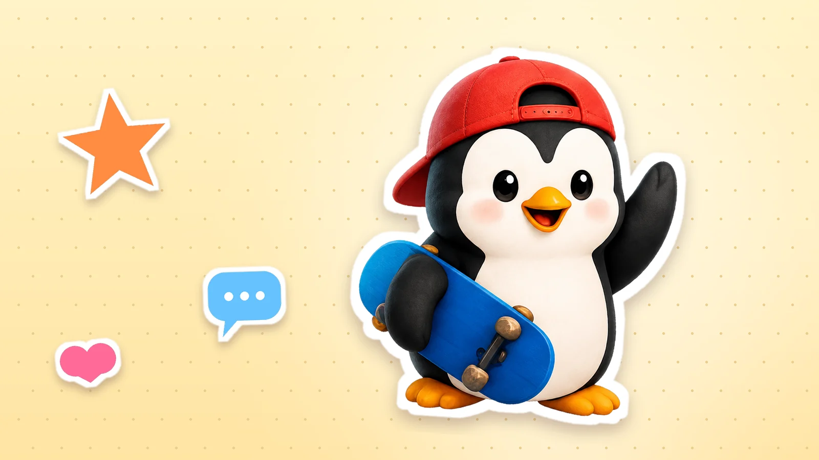 A Lolo Cards penguin as a sticker with a white outline, next to a heart, a star and a speech bubble on a soft yellow background