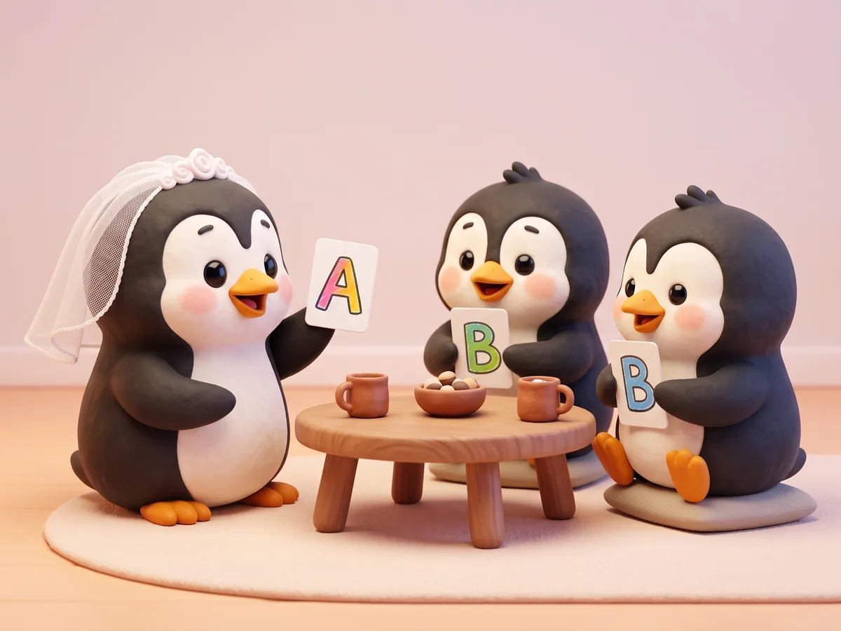 Illustration: a penguin bride with a small veil holding up an A card while friend penguins hold up B cards around a coffee table