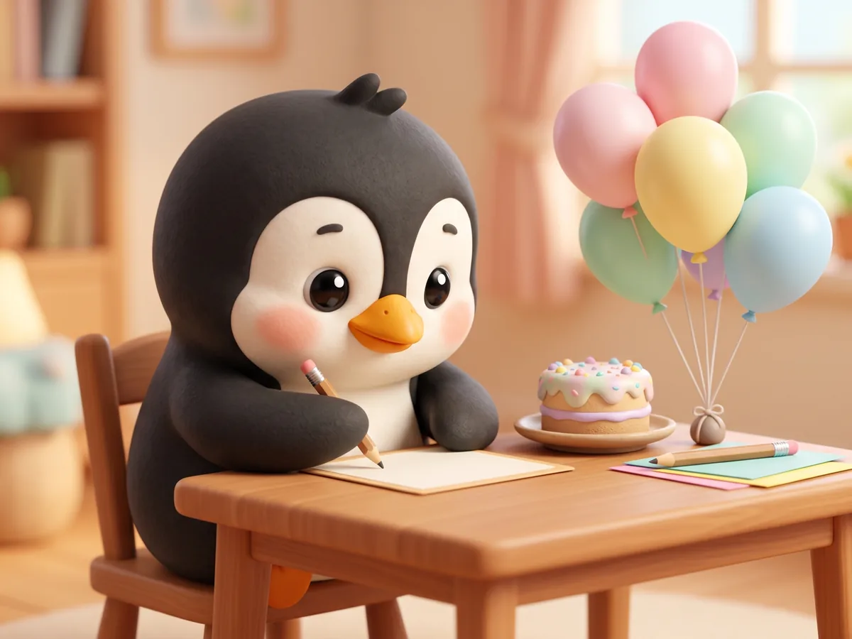 Illustration: a penguin writing a would-you-rather question on a card at a table with a small cake and balloons
