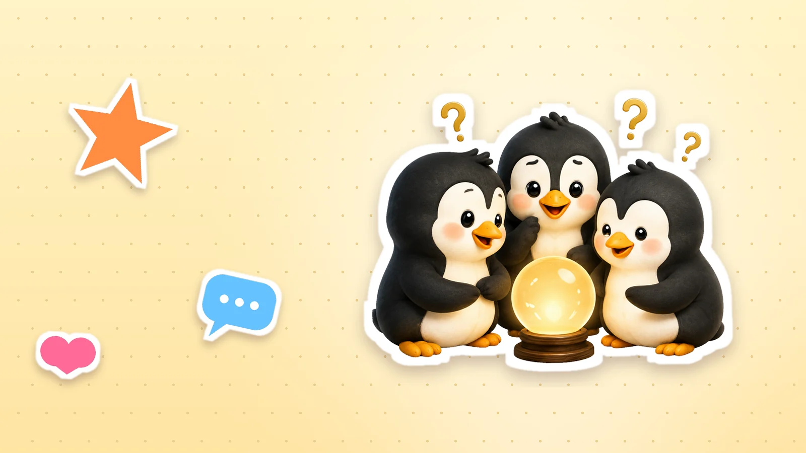 A Lolo Cards penguin as a sticker with a white outline, next to a heart, a star and a speech bubble on a soft yellow background